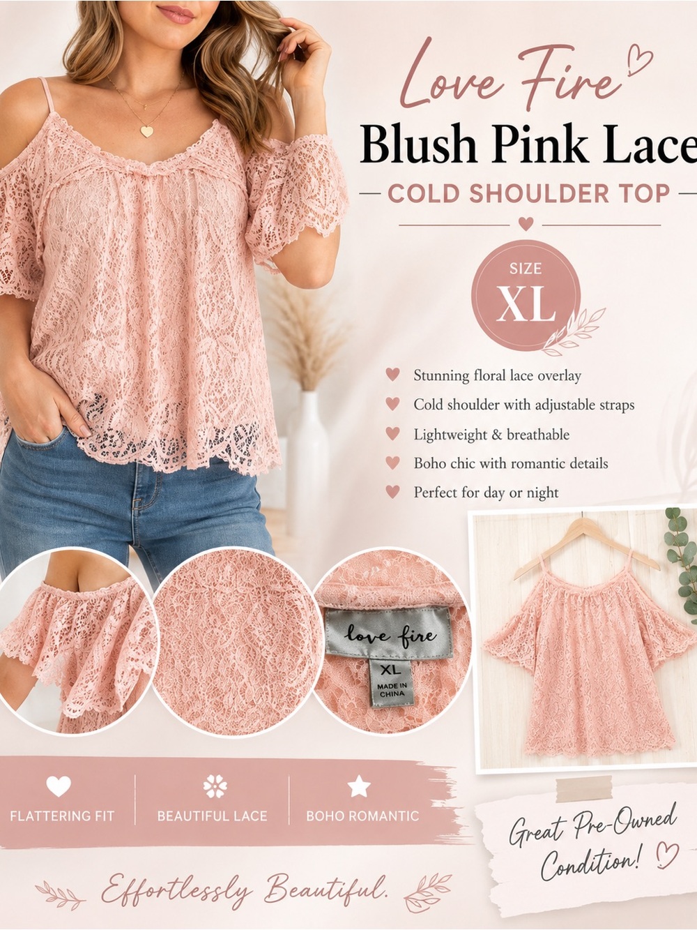 Love Fire Blush Pink Lace Cold Shoulder Top XL Boho Romantic